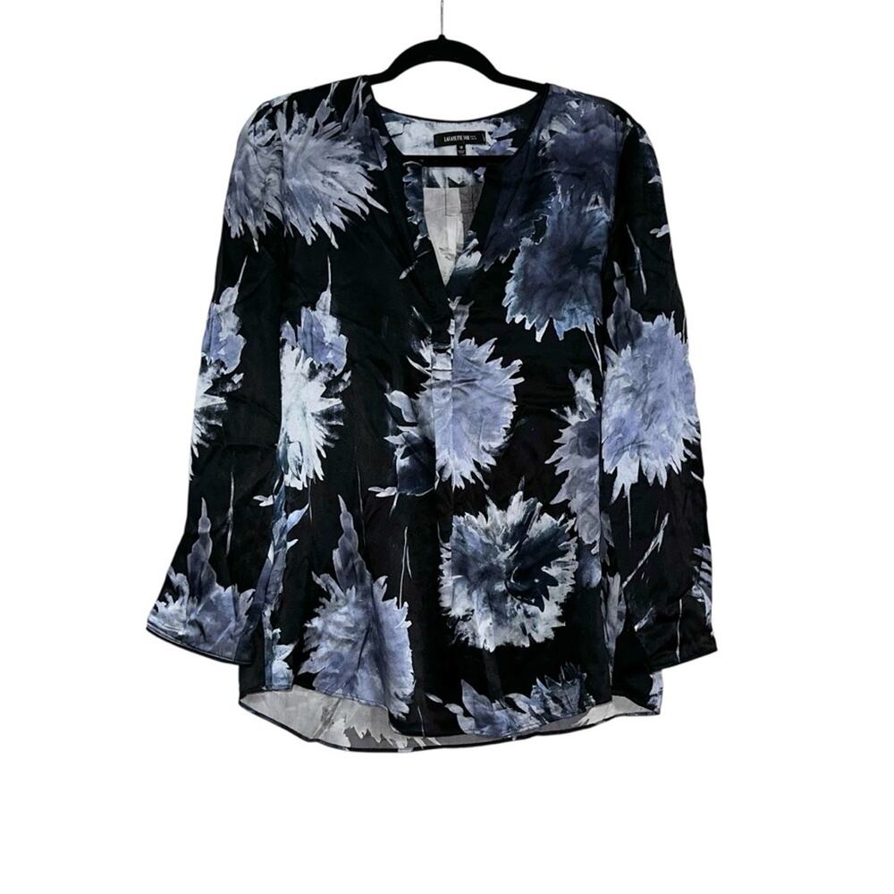 Lafayette 148 New York Silk Black and Blue Floral Splatter Long Sleeve Blouse 10